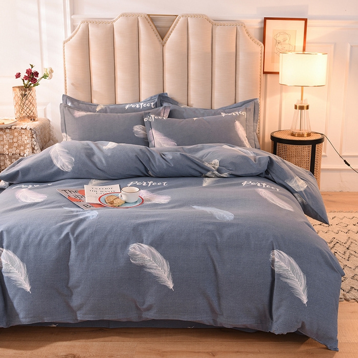 91家纺网 家纺一手货源 找家纺 磨毛世家家纺 2026新款多规格铂金磨毛纯棉加厚全棉磨毛四件套 羽毛飘飘-蓝