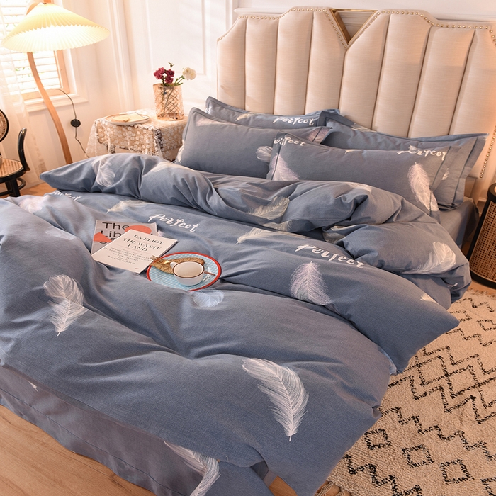 91家纺网 家纺一手货源 找家纺 磨毛世家家纺 2026新款多规格铂金磨毛纯棉加厚全棉磨毛四件套 羽毛飘飘-蓝