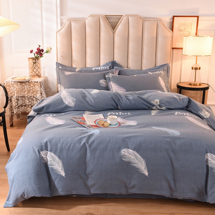 91家纺网 家纺一手货源 找家纺 磨毛世家家纺 2026新款多规格铂金磨毛纯棉加厚全棉磨毛四件套 羽毛飘飘-蓝