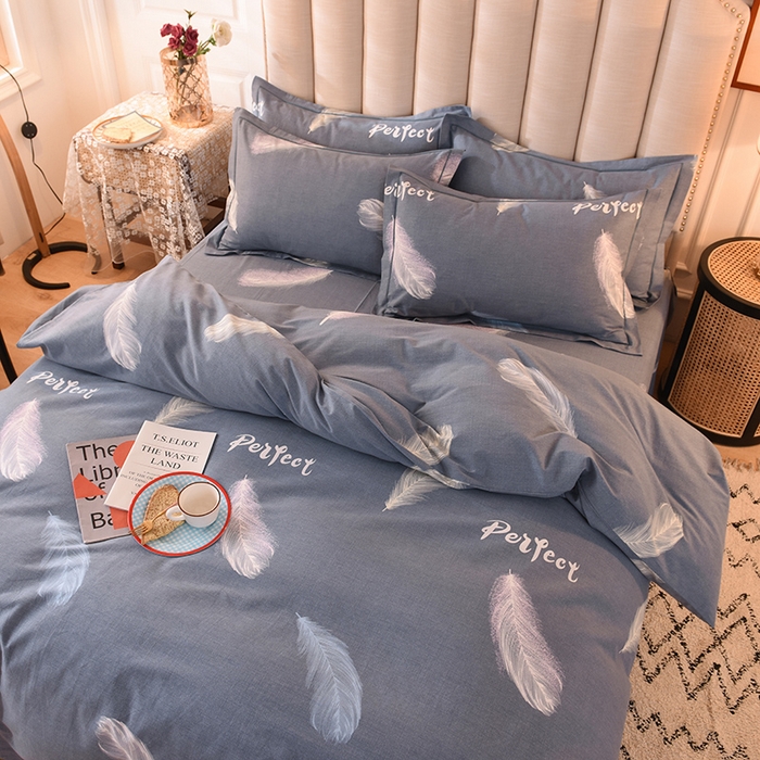 91家纺网 家纺一手货源 找家纺 磨毛世家家纺 2026新款多规格铂金磨毛纯棉加厚全棉磨毛四件套 羽毛飘飘-蓝