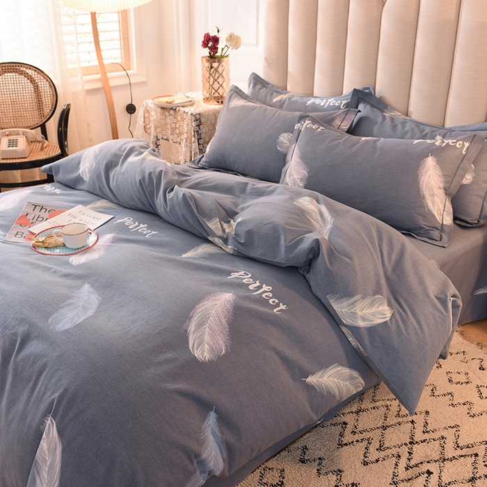 91家纺网 家纺一手货源 找家纺 磨毛世家家纺 2026新款多规格铂金磨毛纯棉加厚全棉磨毛四件套 羽毛飘飘-蓝
