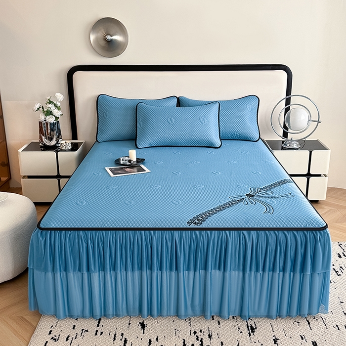 91家纺网 家纺一手货源 找家纺 （总）卡罗兰 2026新款豆豆冰丝凉席夏被复合三明治蝴蝶结床裙三件四件套