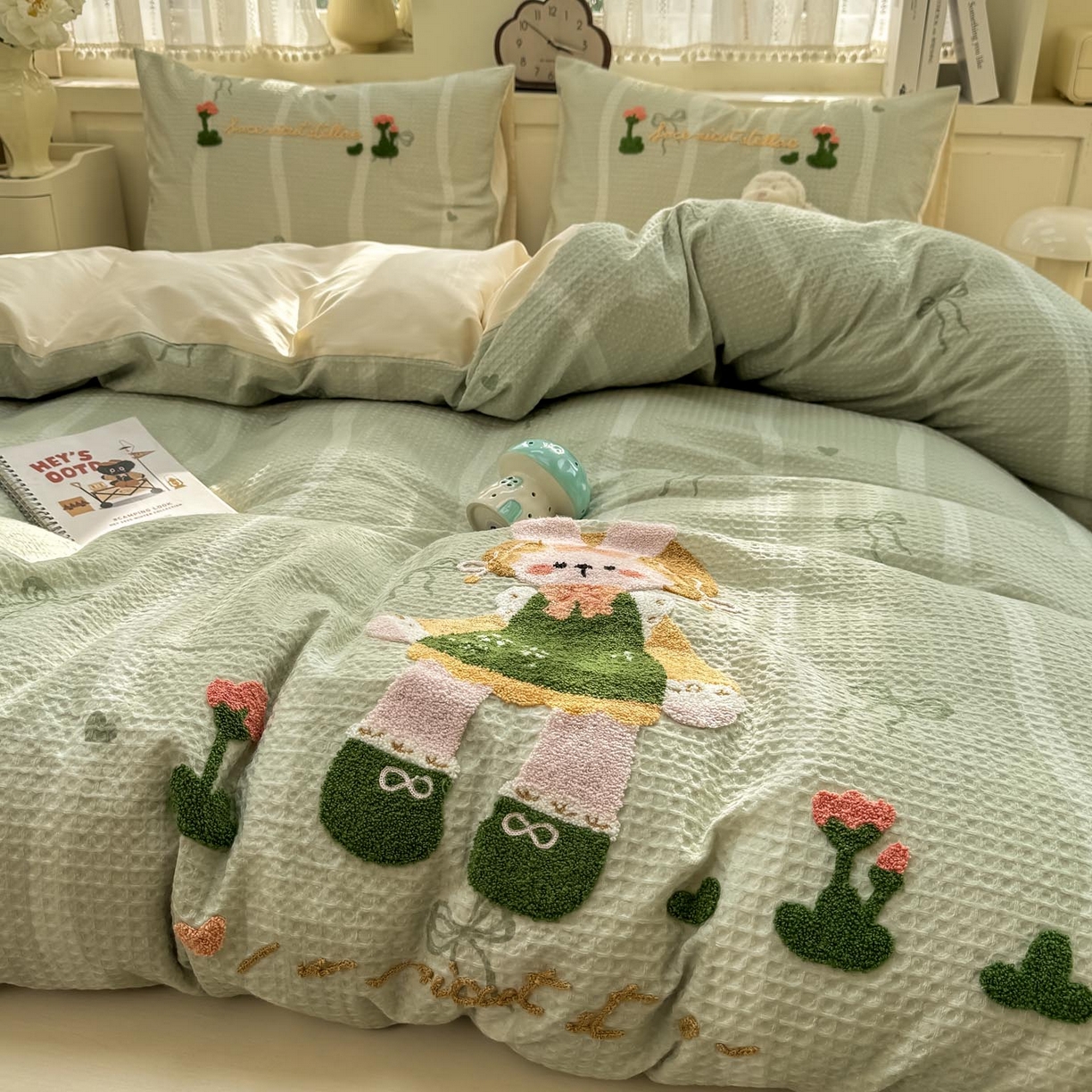 91家纺网 家纺一手货源 找家纺 宜家坊 2026新款全棉纯棉华夫格毛巾绣四件套 绿色原野