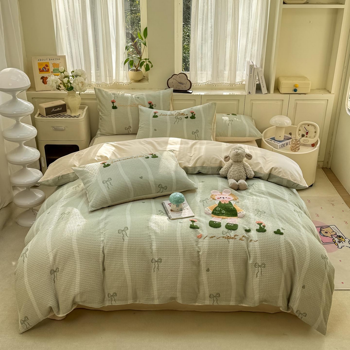 91家纺网 家纺一手货源 找家纺 宜家坊 2026新款全棉纯棉华夫格毛巾绣四件套 绿色原野