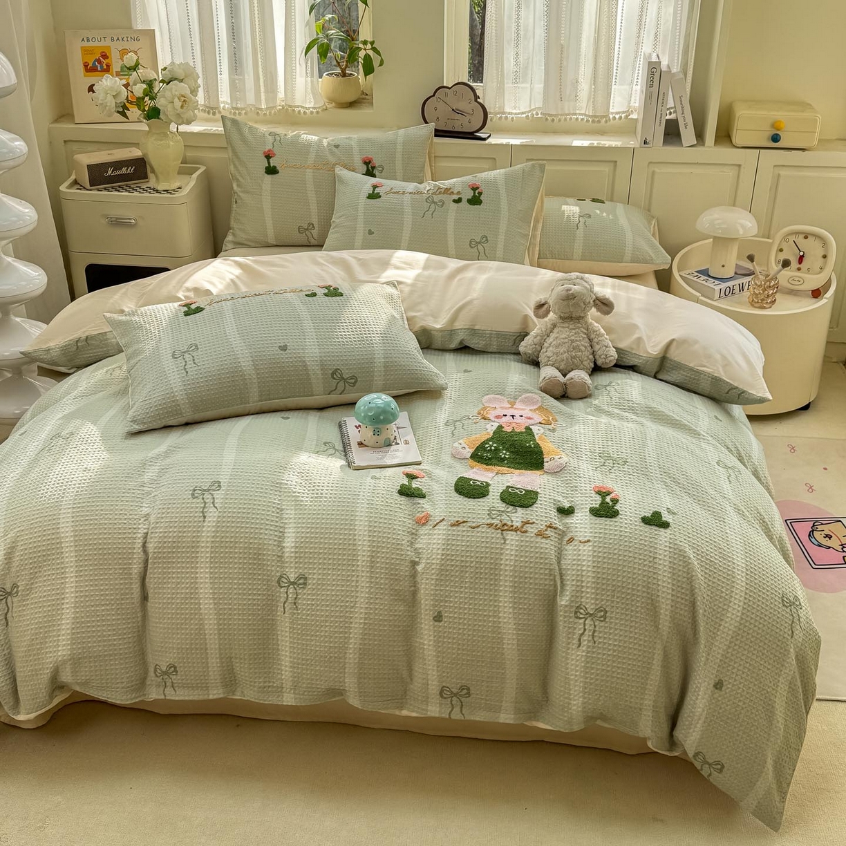 91家纺网 家纺一手货源 找家纺 宜家坊 2026新款全棉纯棉华夫格毛巾绣四件套 绿色原野