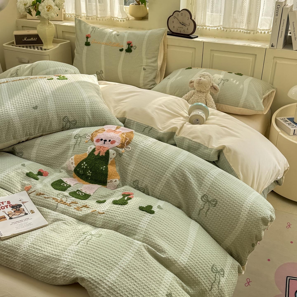 91家纺网 家纺一手货源 找家纺 宜家坊 2026新款全棉纯棉华夫格毛巾绣四件套 绿色原野