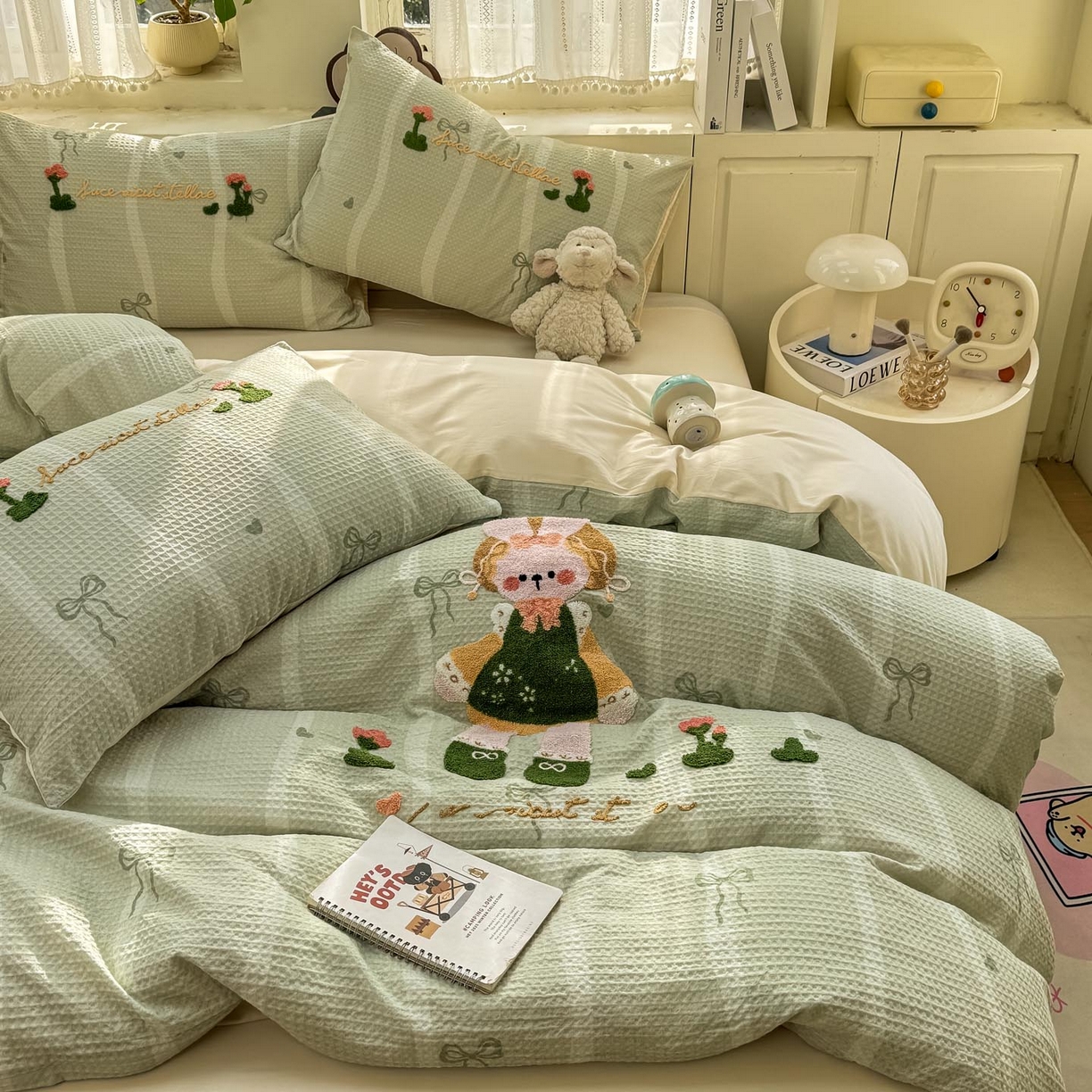 宜家坊 2026新款全棉纯棉华夫格毛巾绣四件套 绿色原野