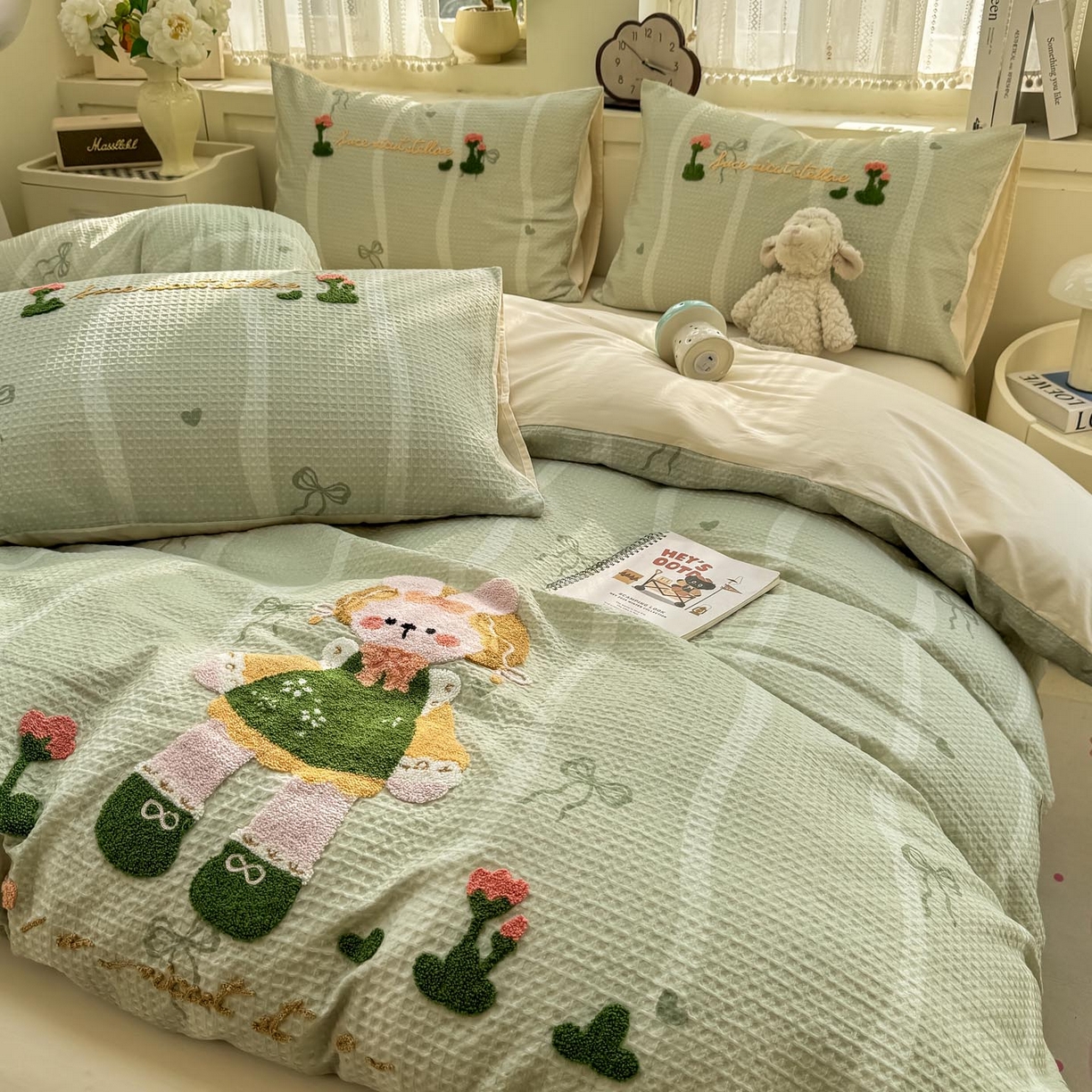 91家纺网 家纺一手货源 找家纺 宜家坊 2026新款全棉纯棉华夫格毛巾绣四件套 绿色原野