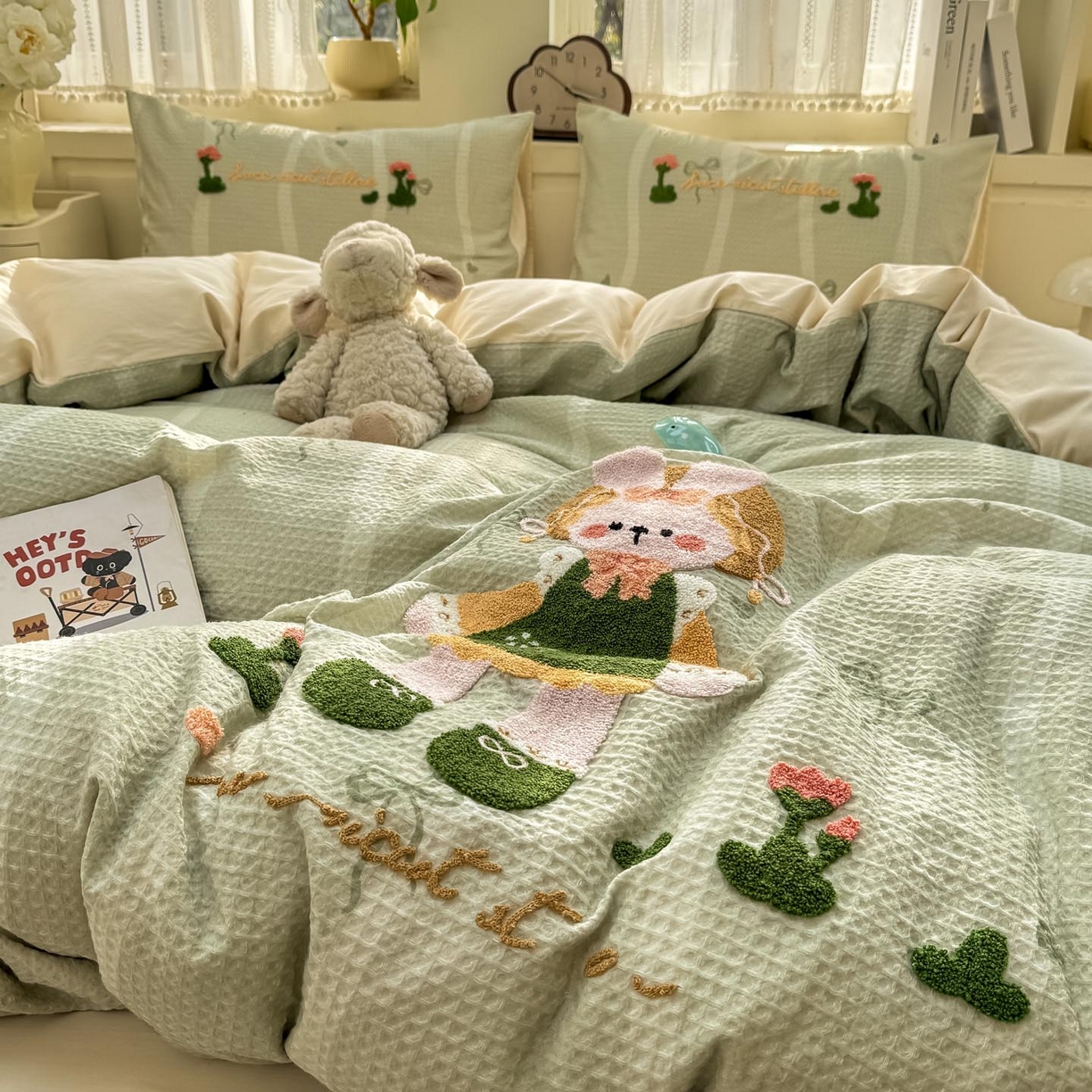 91家纺网 家纺一手货源 找家纺 宜家坊 2026新款全棉纯棉华夫格毛巾绣四件套 绿色原野