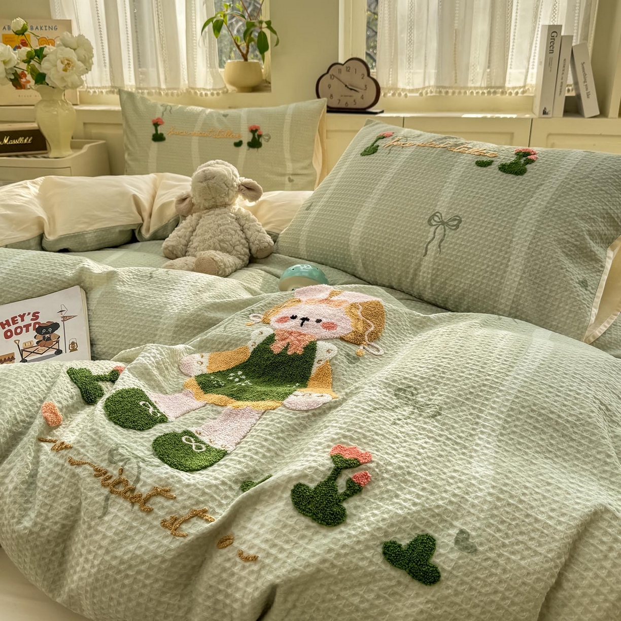 91家纺网 家纺一手货源 找家纺 宜家坊 2026新款全棉纯棉华夫格毛巾绣四件套 绿色原野