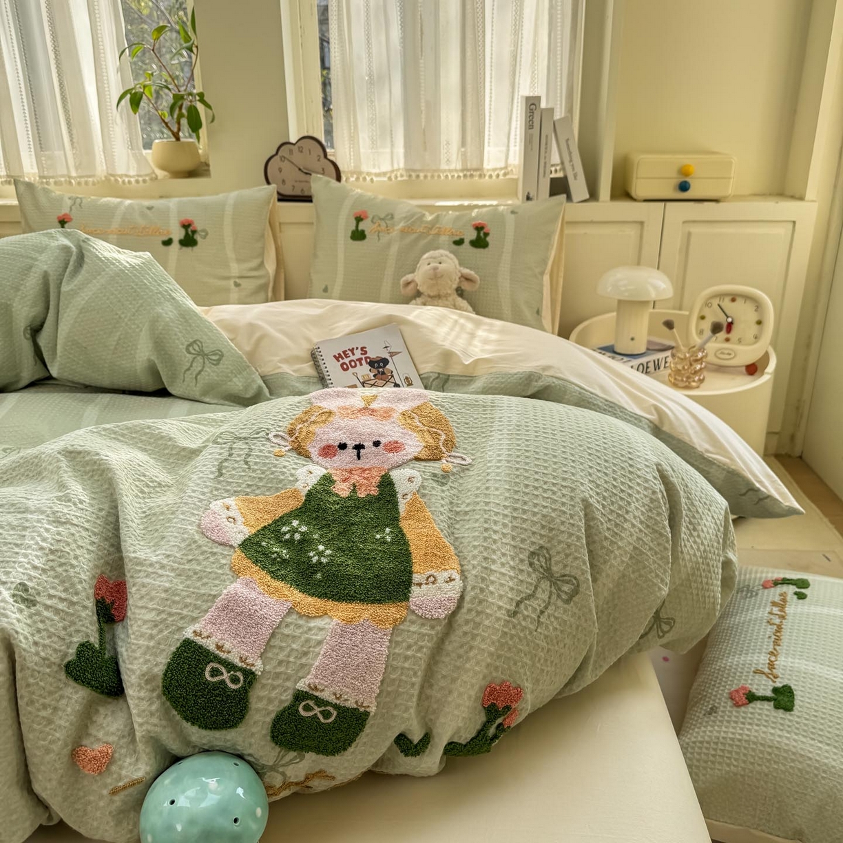 91家纺网 家纺一手货源 找家纺 宜家坊 2026新款全棉纯棉华夫格毛巾绣四件套 绿色原野