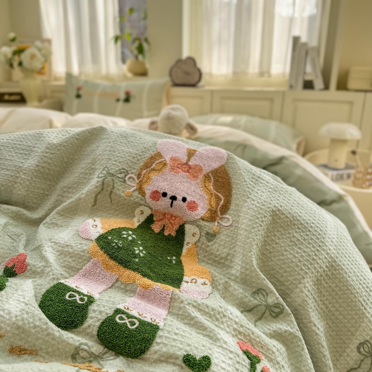 91家纺网 家纺一手货源 找家纺 宜家坊 2026新款全棉纯棉华夫格毛巾绣四件套 绿色原野