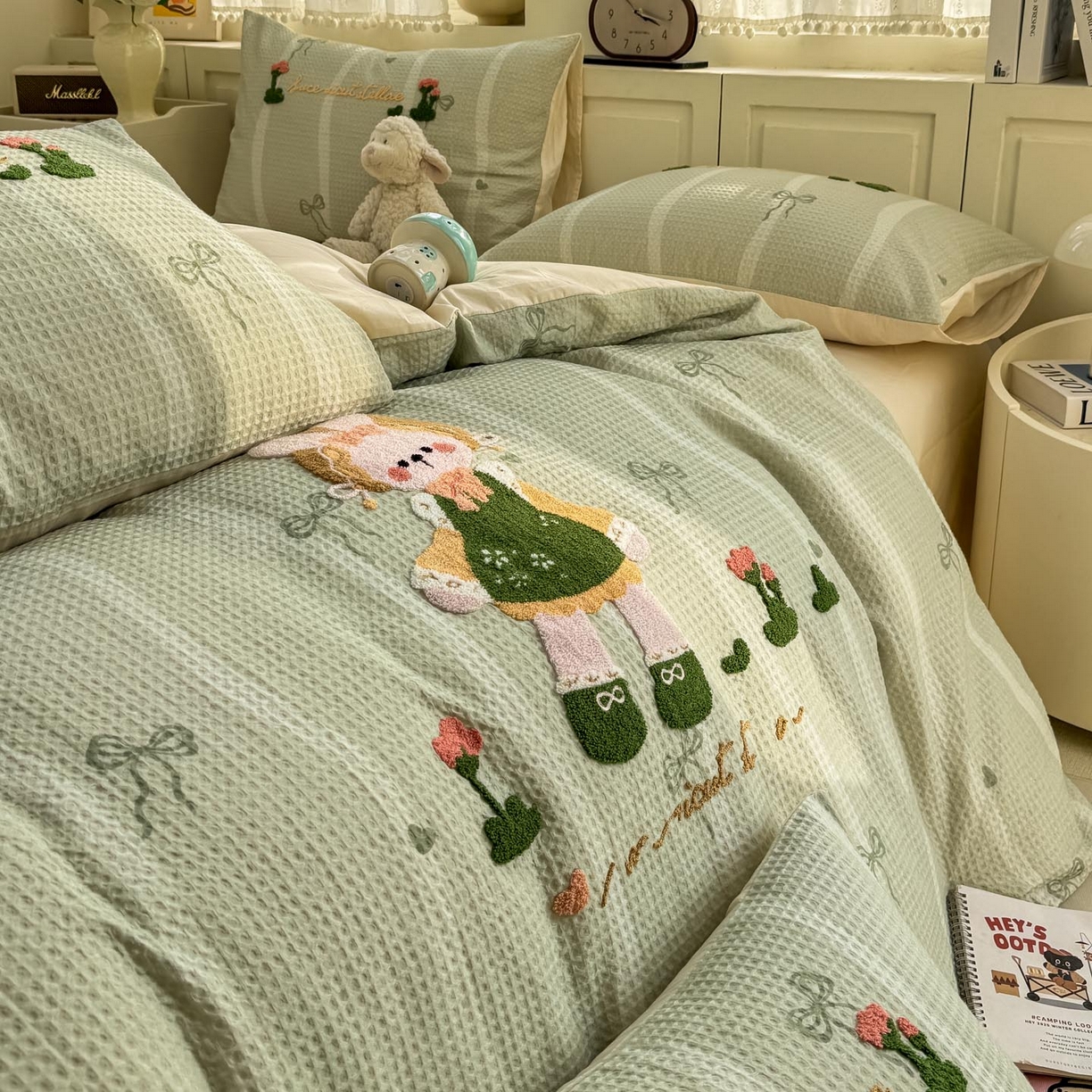 91家纺网 家纺一手货源 找家纺 宜家坊 2026新款全棉纯棉华夫格毛巾绣四件套 绿色原野