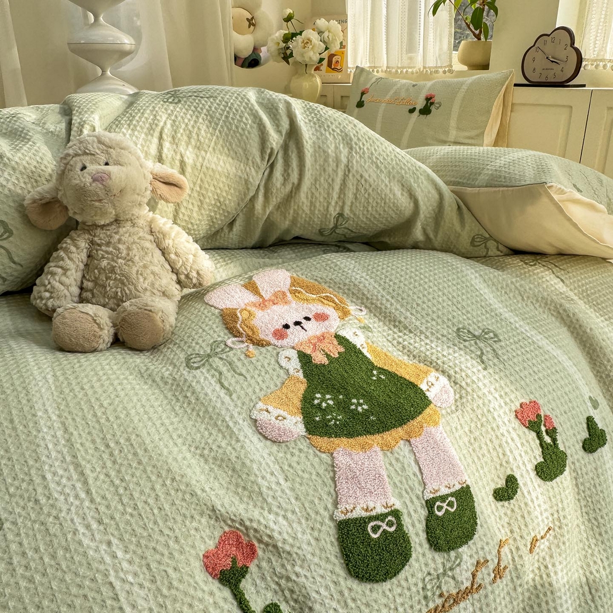 91家纺网 家纺一手货源 找家纺 宜家坊 2026新款全棉纯棉华夫格毛巾绣四件套 绿色原野