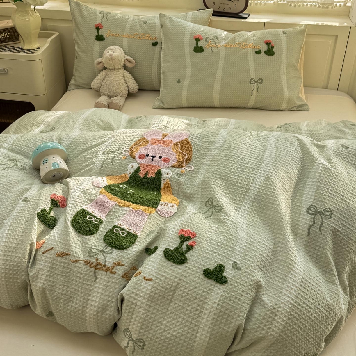 91家纺网 家纺一手货源 找家纺 宜家坊 2026新款全棉纯棉华夫格毛巾绣四件套 绿色原野