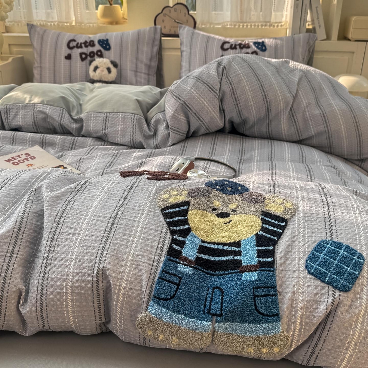 91家纺网 家纺一手货源 找家纺 宜家坊 2026新款全棉纯棉华夫格毛巾绣四件套 文艺牛仔