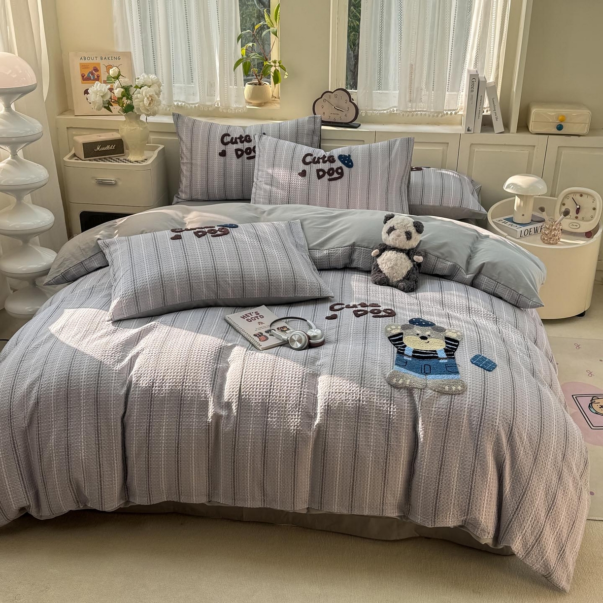 91家纺网 家纺一手货源 找家纺 宜家坊 2026新款全棉纯棉华夫格毛巾绣四件套 文艺牛仔