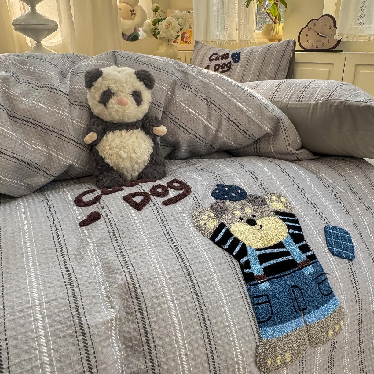 91家纺网 家纺一手货源 找家纺 宜家坊 2026新款全棉纯棉华夫格毛巾绣四件套 文艺牛仔