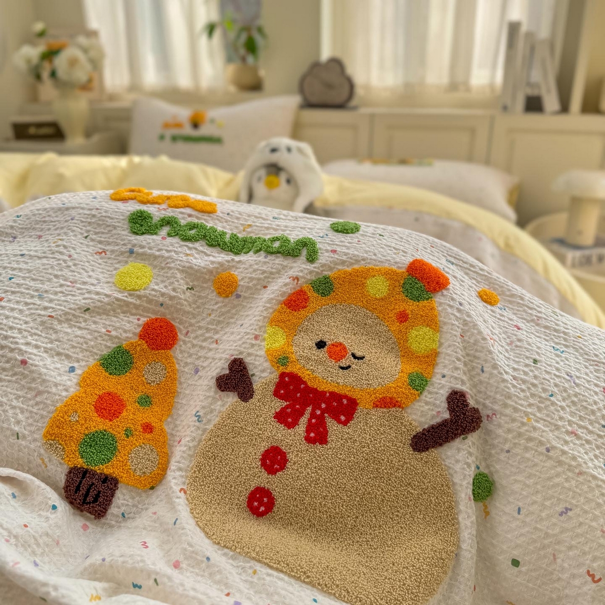 91家纺网 家纺一手货源 找家纺 宜家坊 2026新款全棉纯棉华夫格毛巾绣四件套 雪崩崩