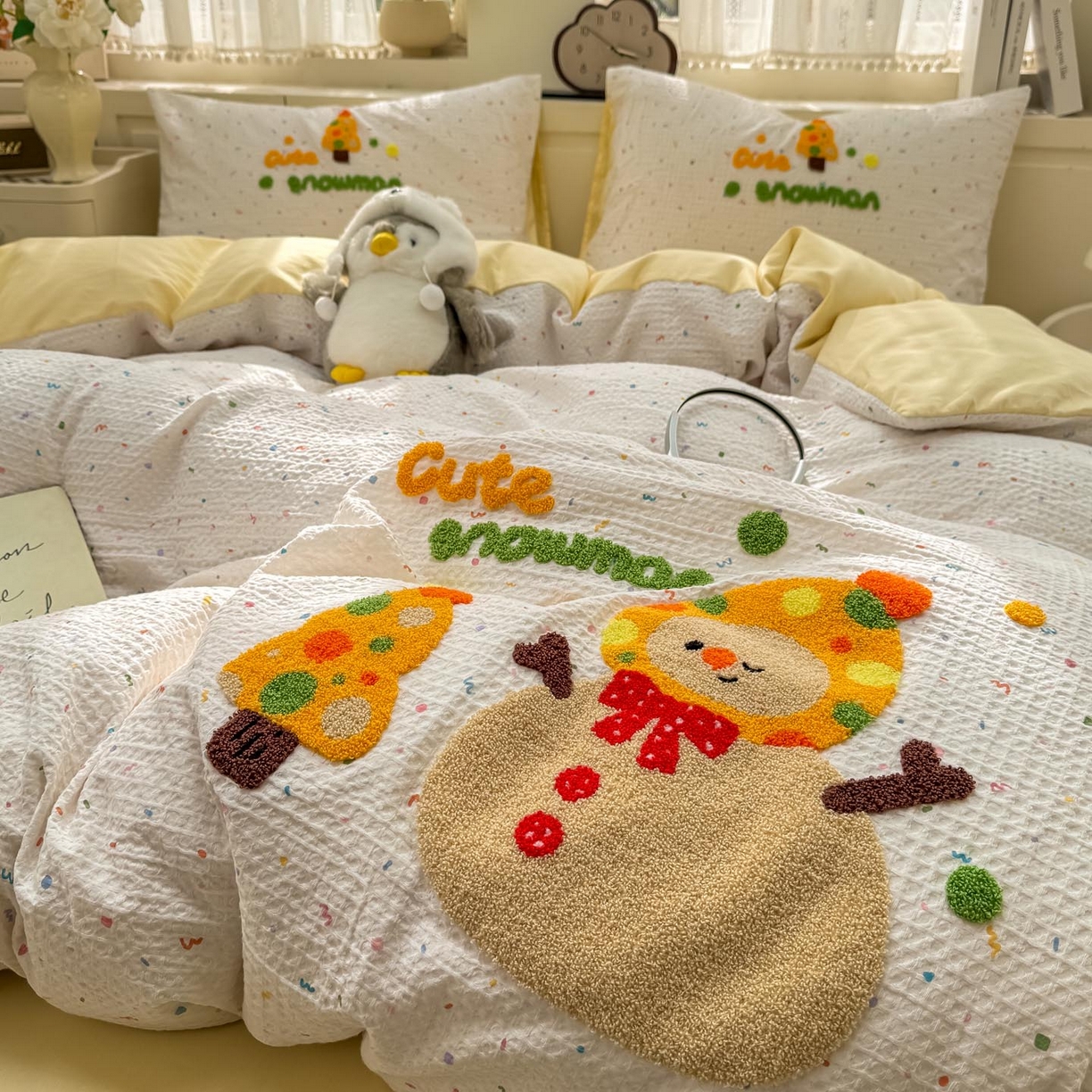 91家纺网 家纺一手货源 找家纺 宜家坊 2026新款全棉纯棉华夫格毛巾绣四件套 雪崩崩