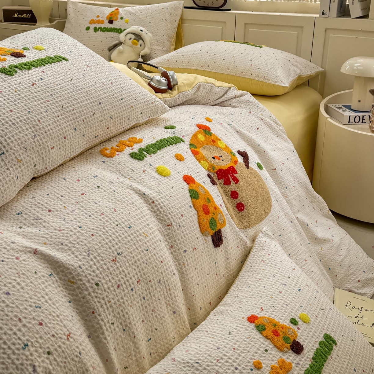 91家纺网 家纺一手货源 找家纺 宜家坊 2026新款全棉纯棉华夫格毛巾绣四件套 雪崩崩