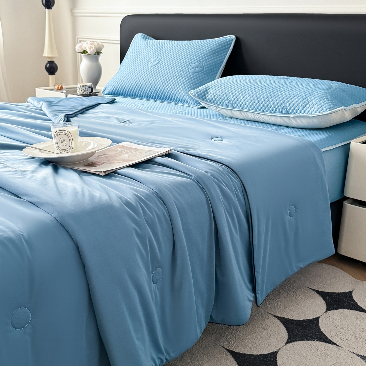 91家纺网 家纺一手货源 找家纺 （总）卡罗兰 2026新款豆豆冰丝凉席夏被复合三明治蝴蝶结床裙三件四件套