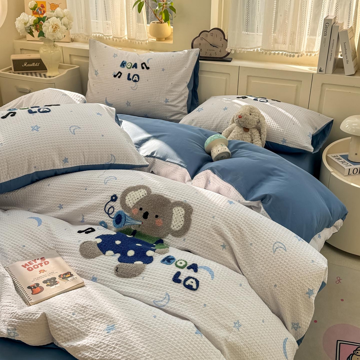 91家纺网 家纺一手货源 找家纺 宜家坊 2026新款全棉纯棉华夫格毛巾绣四件套 音乐派