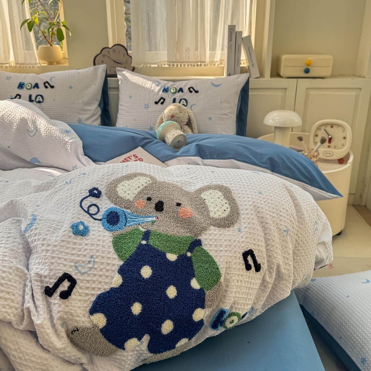 91家纺网 家纺一手货源 找家纺 宜家坊 2026新款全棉纯棉华夫格毛巾绣四件套 音乐派