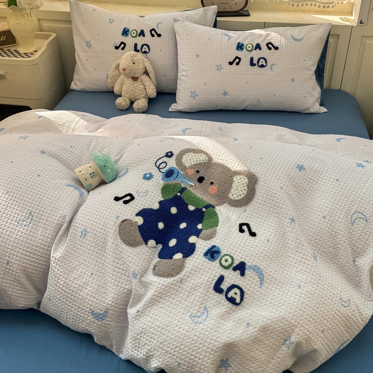 91家纺网 家纺一手货源 找家纺 宜家坊 2026新款全棉纯棉华夫格毛巾绣四件套 音乐派