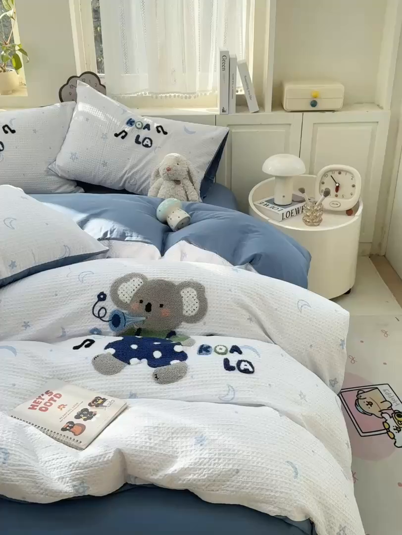 91家纺网 家纺一手货源 找家纺 宜家坊 2026新款全棉纯棉华夫格毛巾绣四件套 音乐派