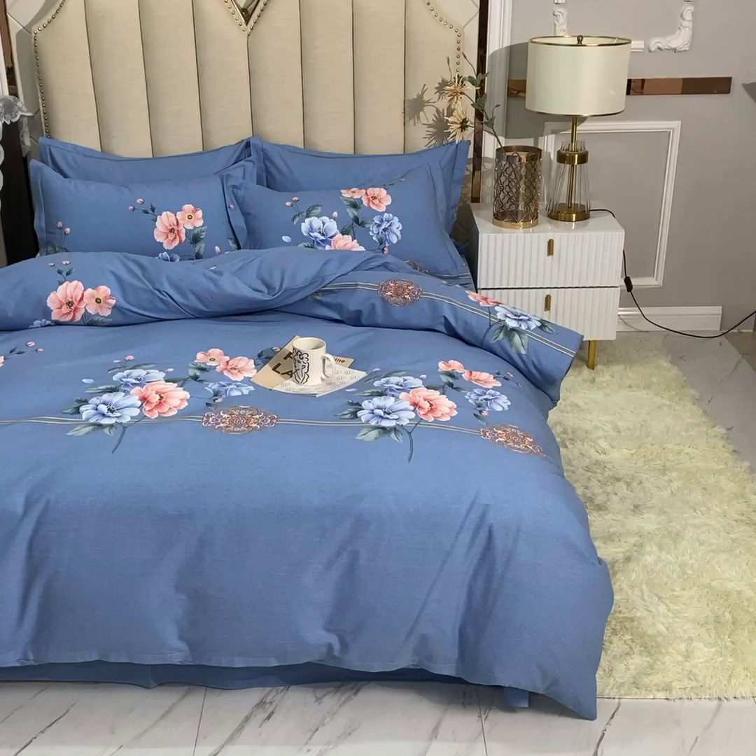 91家纺网 家纺一手货源 找家纺 磨毛世家家纺 2026新款多规格铂金磨毛纯棉加厚全棉磨毛四件套 因为爱情-蓝