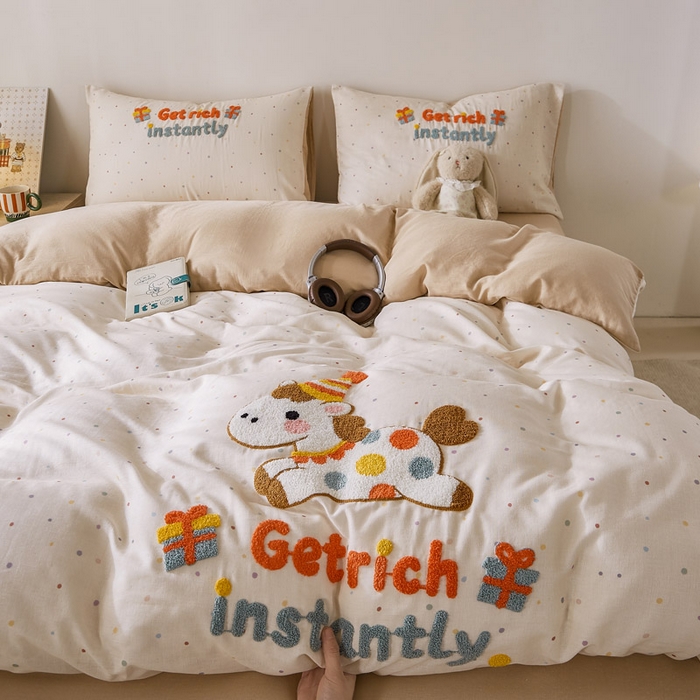 宜家坊 2026新款A类全棉双层纱毛巾绣四件套 马上暴富