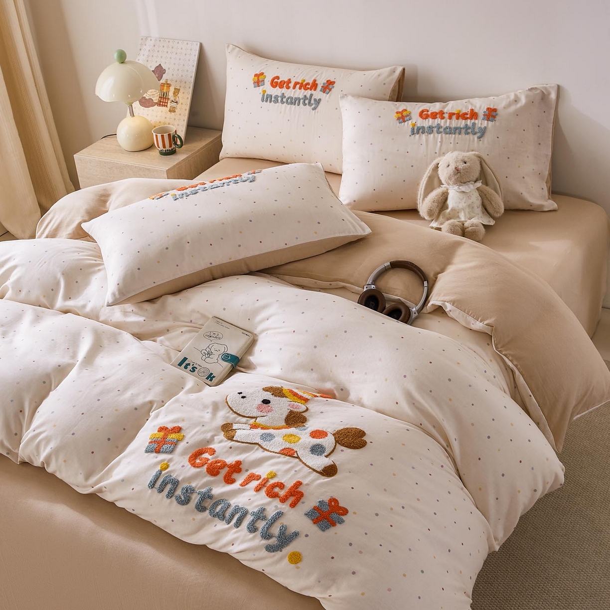 91家纺网 家纺一手货源 找家纺 宜家坊 2026新款A类全棉双层纱毛巾绣四件套 马上暴富