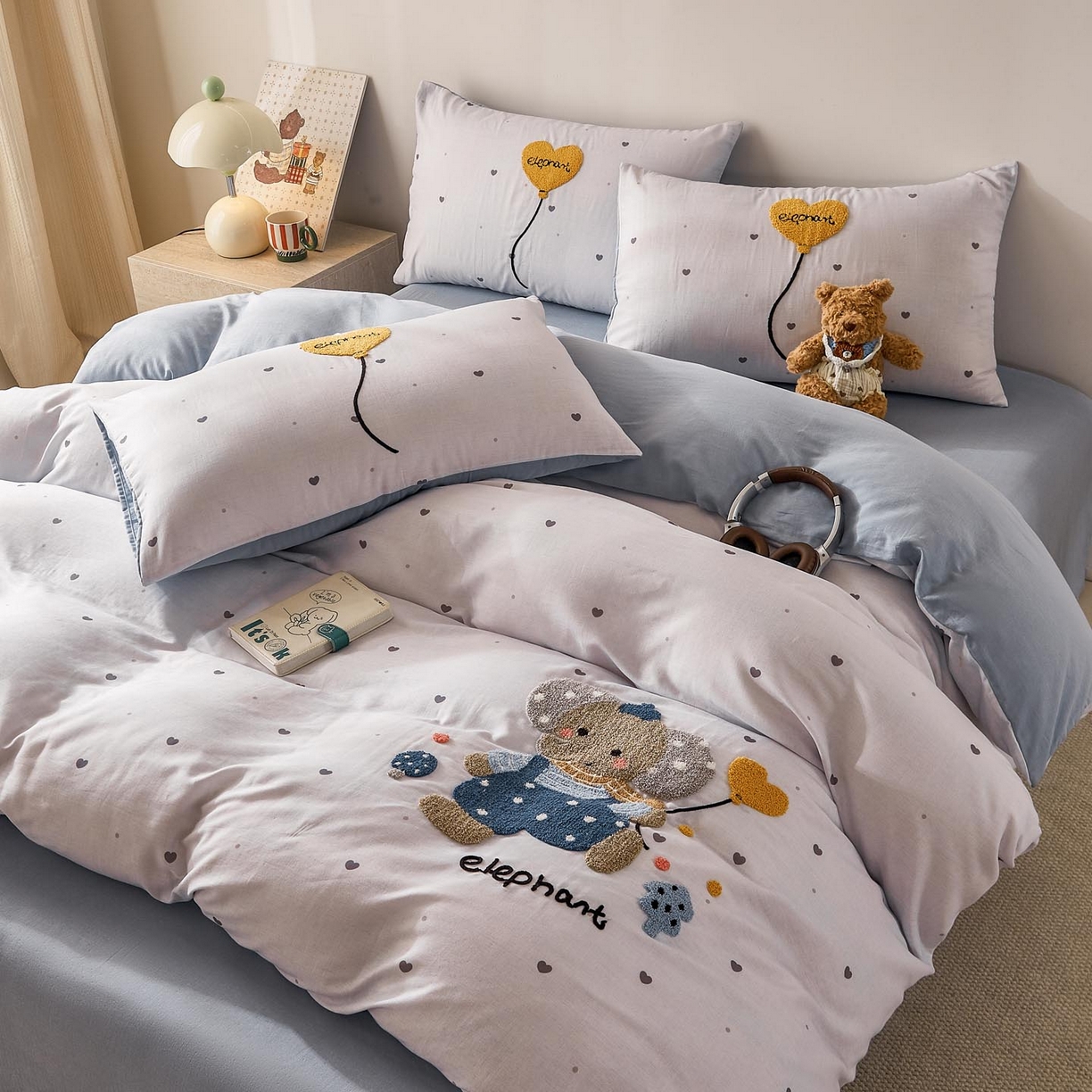 91家纺网 家纺一手货源 找家纺 宜家坊 2026新款A类全棉双层纱毛巾绣四件套 气球小象