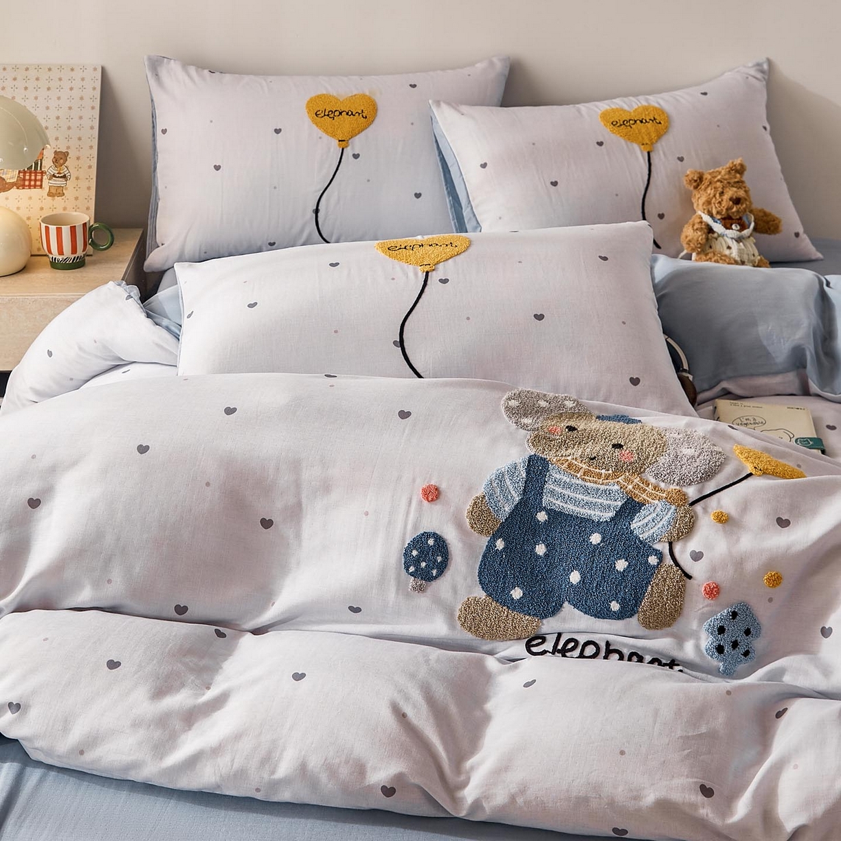 91家纺网 家纺一手货源 找家纺 宜家坊 2026新款A类全棉双层纱毛巾绣四件套 气球小象