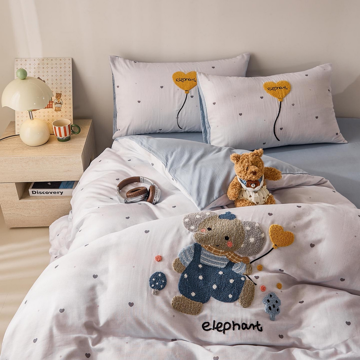 91家纺网 家纺一手货源 找家纺 宜家坊 2026新款A类全棉双层纱毛巾绣四件套 气球小象