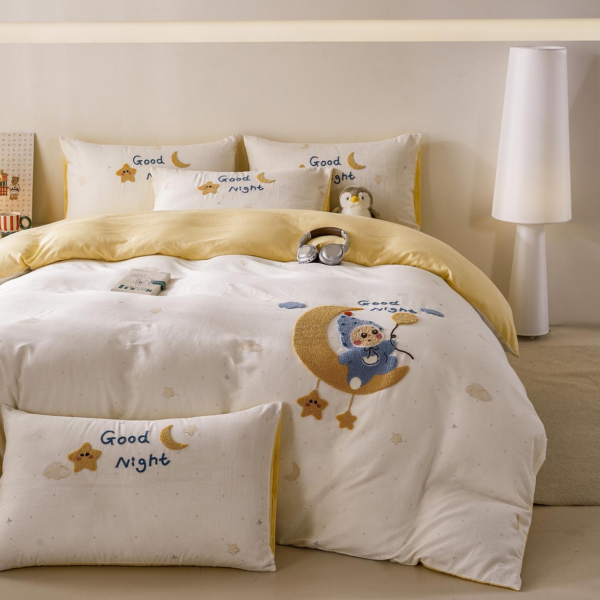 91家纺网 家纺一手货源 找家纺 宜家坊 2026新款A类全棉双层纱毛巾绣四件套 星月宝贝