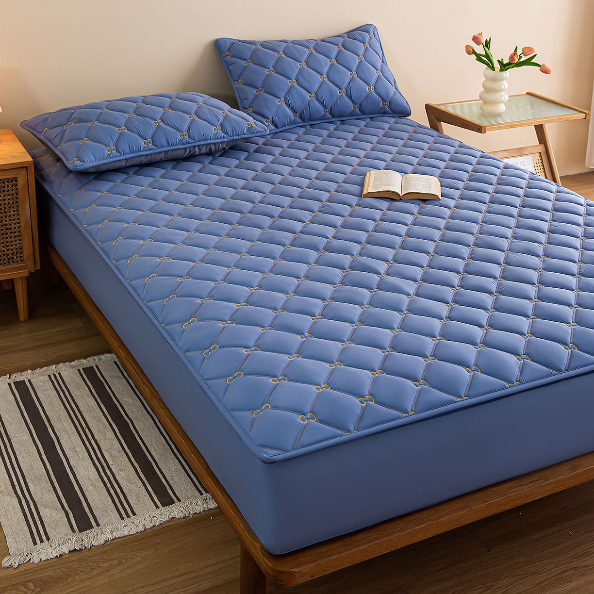 云木里 2026新款绣花磨毛水洗棉六面全包床笠床垫保护套拉链床笠 床笠单件 刺绣款-牛仔蓝-一面夹棉