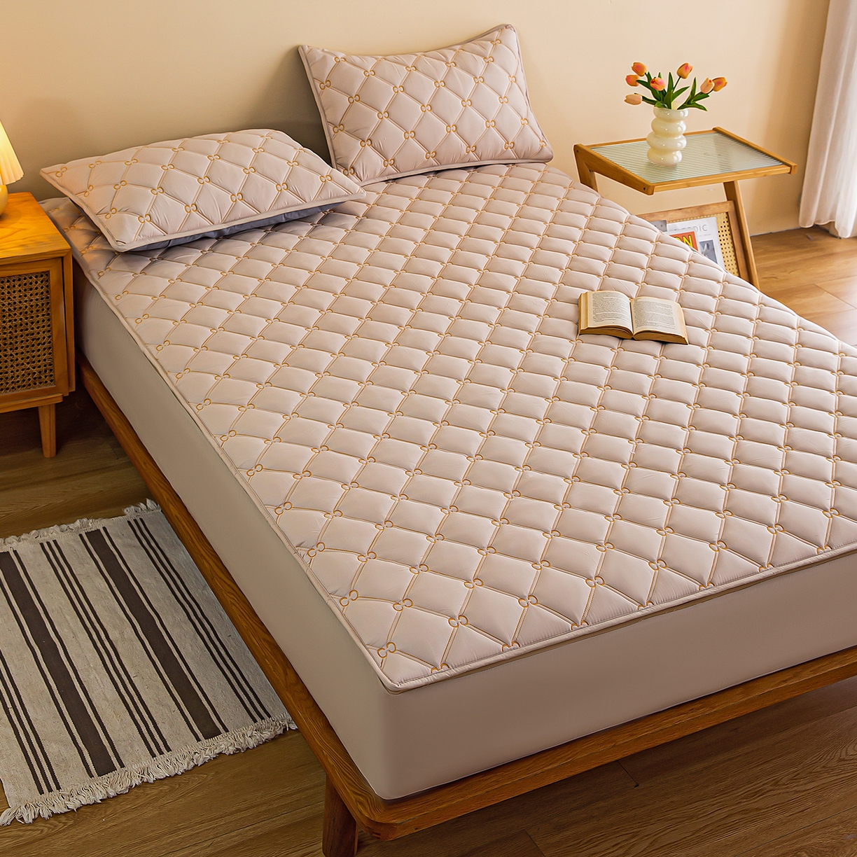 云木里 2026新款绣花磨毛水洗棉六面全包床笠床垫保护套拉链床笠 床笠单件 刺绣款-浅咖-一面夹棉