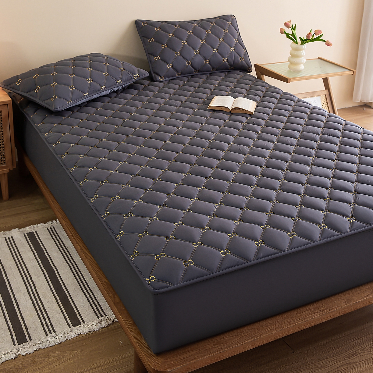 云木里 2026新款绣花磨毛水洗棉六面全包床笠床垫保护套拉链床笠 床笠单件 刺绣款-深灰-一面夹棉