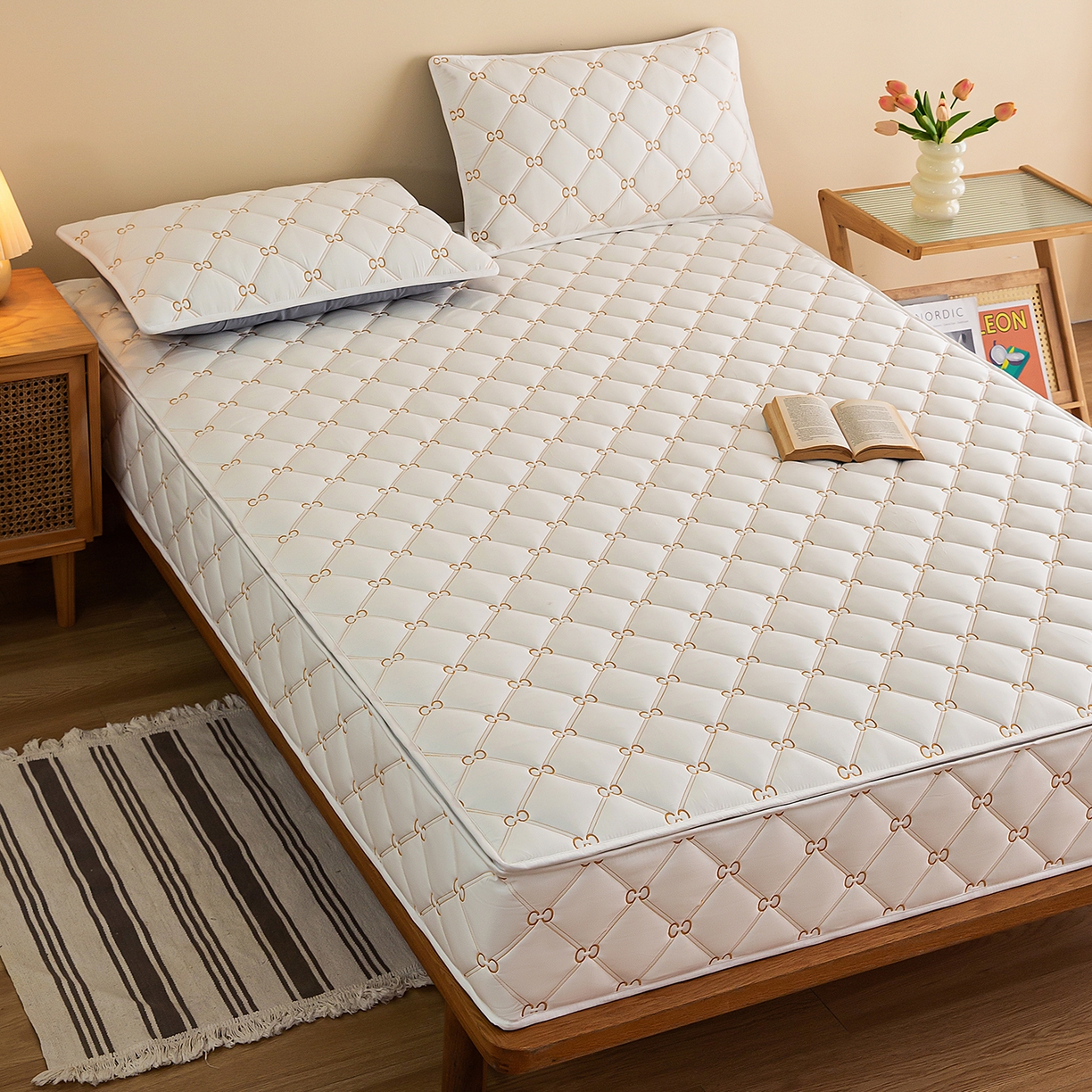 云木里 2026新款绣花磨毛水洗棉六面全包床笠床垫保护套拉链床笠 床笠单件 刺绣款-白色-五面夹棉