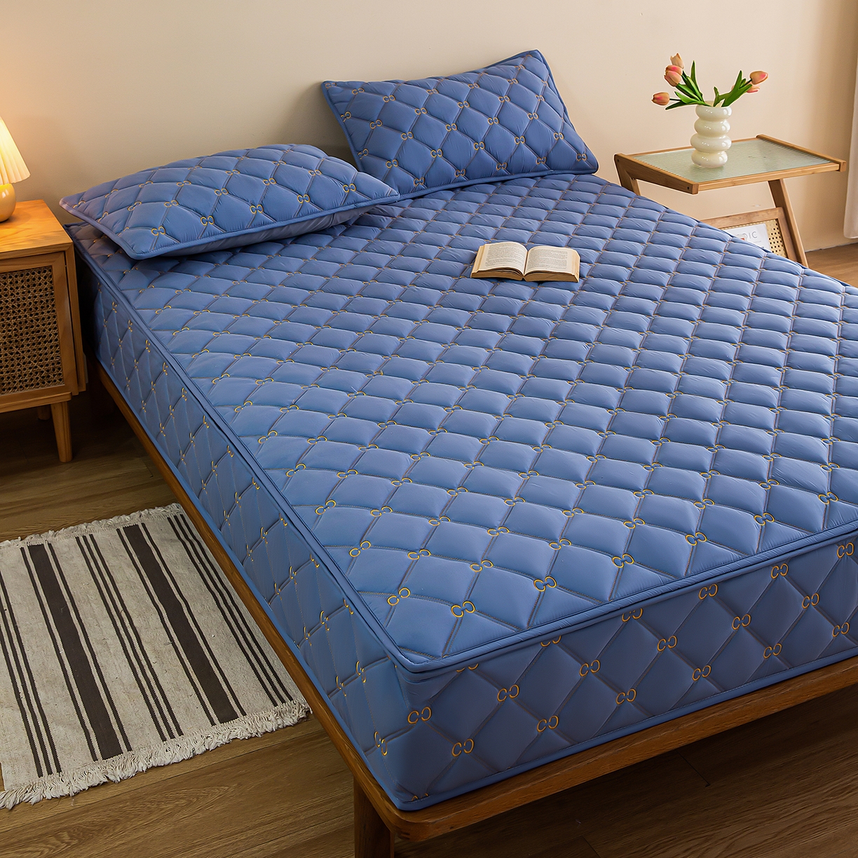 云木里 2026新款绣花磨毛水洗棉六面全包床笠床垫保护套拉链床笠 床笠单件 刺绣款-牛仔蓝-五面夹棉