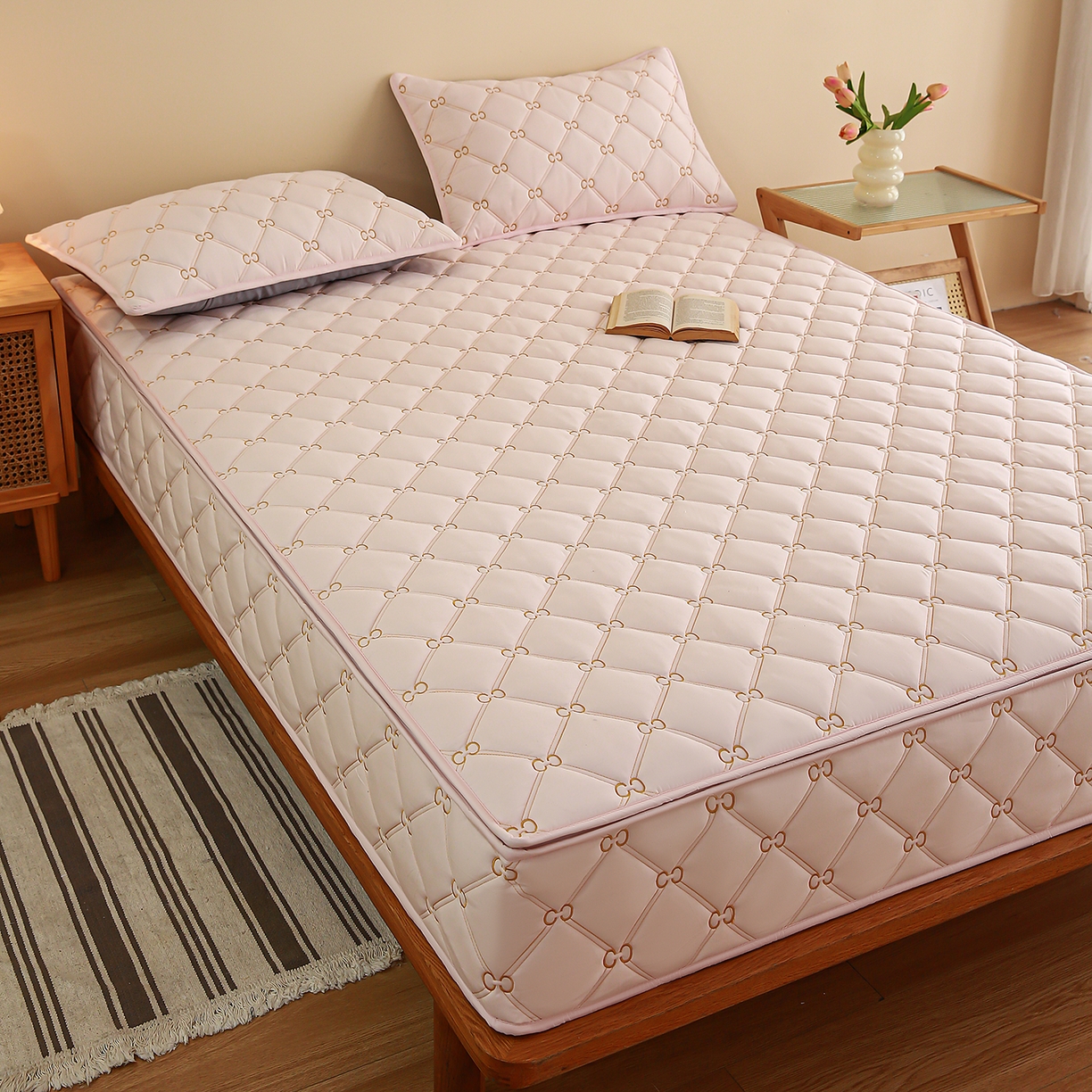 云木里 2026新款绣花磨毛水洗棉六面全包床笠床垫保护套拉链床笠 床笠单件 刺绣款-浅桃色-五面夹棉