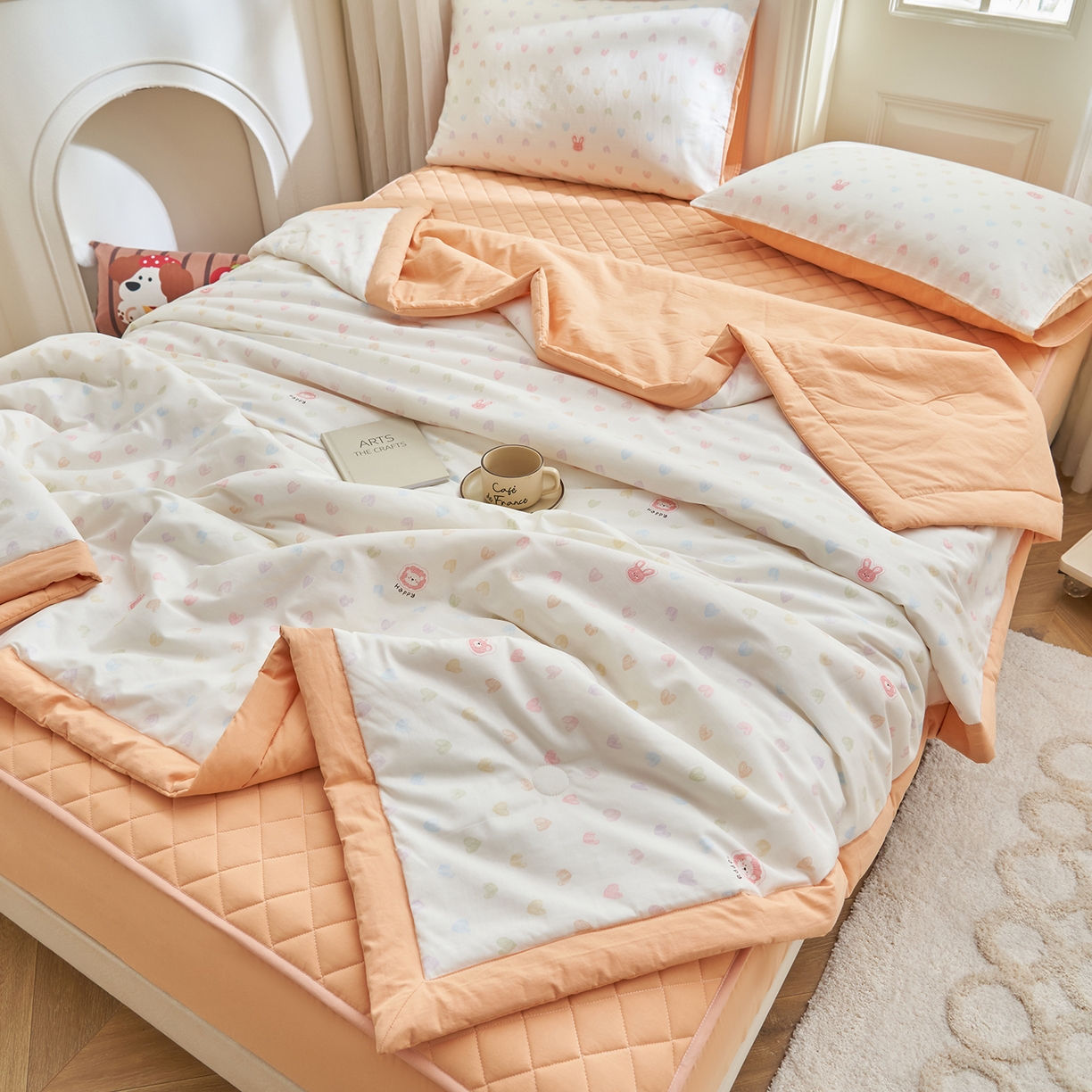 91家纺网 家纺一手货源 找家纺 绒城 2026新款 12868全棉印花棉花夏被四件套 全棉夏被四件套新疆棉花被 - 经典系列 爱心小熊