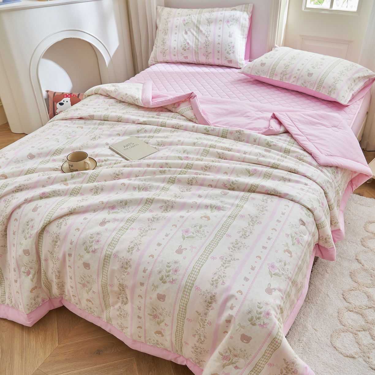 91家纺网 家纺一手货源 找家纺 绒城 2026新款 12868全棉印花棉花夏被四件套 全棉夏被四件套新疆棉花被 - 经典系列 粉色公主