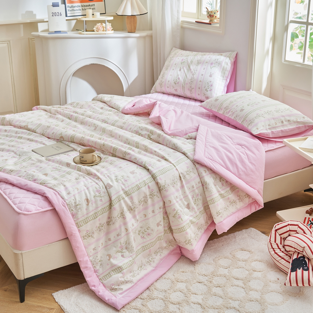 91家纺网 家纺一手货源 找家纺 绒城 2026新款 12868全棉印花棉花夏被四件套 全棉夏被四件套新疆棉花被 - 经典系列 粉色公主