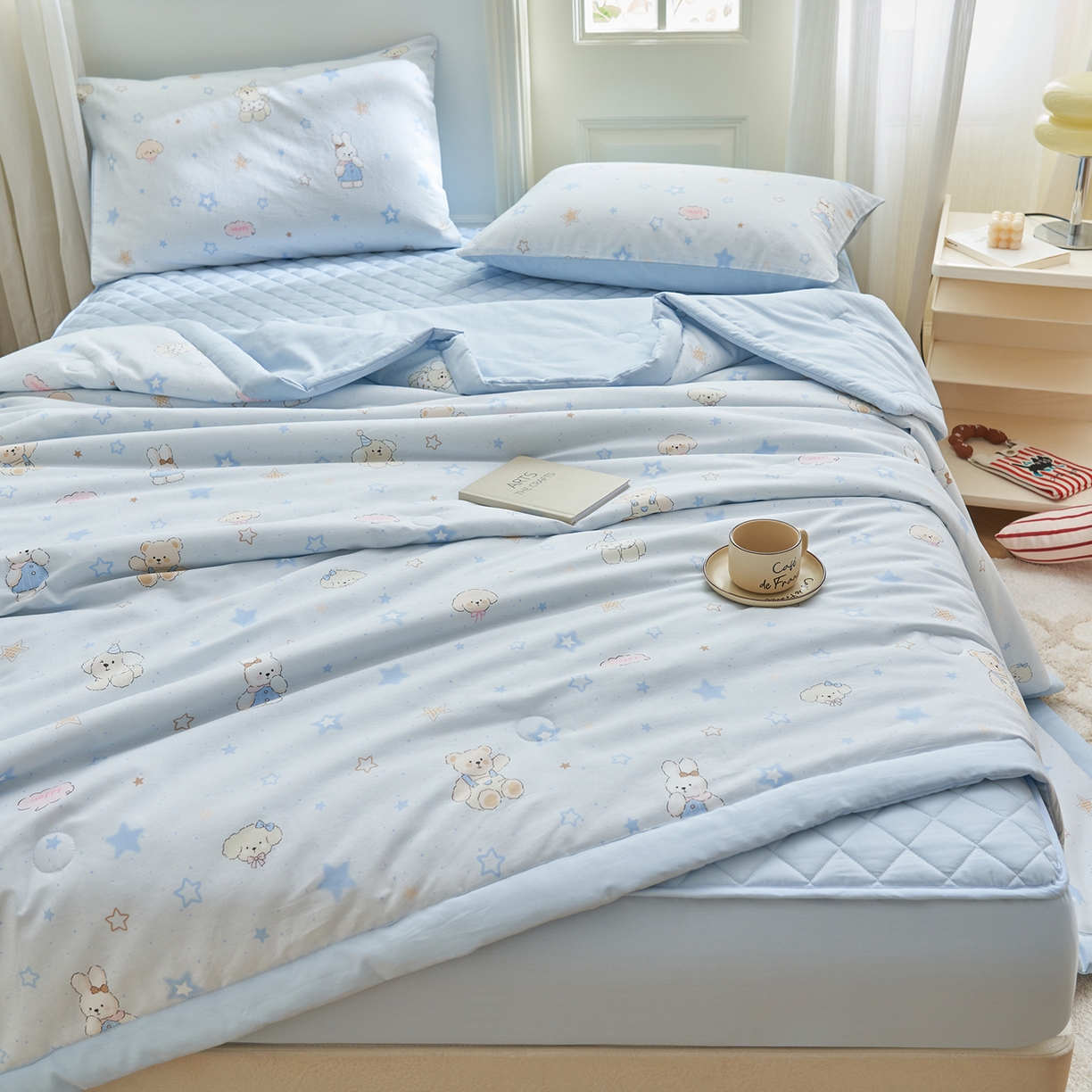 91家纺网 家纺一手货源 找家纺 绒城 2026新款 12868全棉印花棉花夏被四件套 全棉夏被四件套新疆棉花被 - 经典系列 蓝星小熊