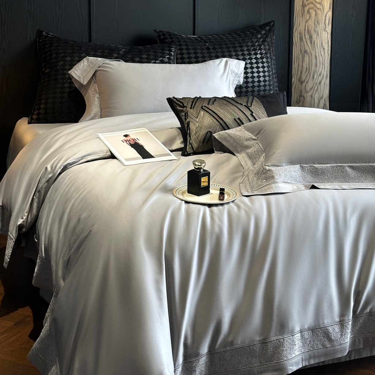 91家纺网 家纺一手货源 找家纺 时亿家居 2026新款100s长绒棉全棉纯棉四件套-奥斯丁 奥斯丁-时空灰