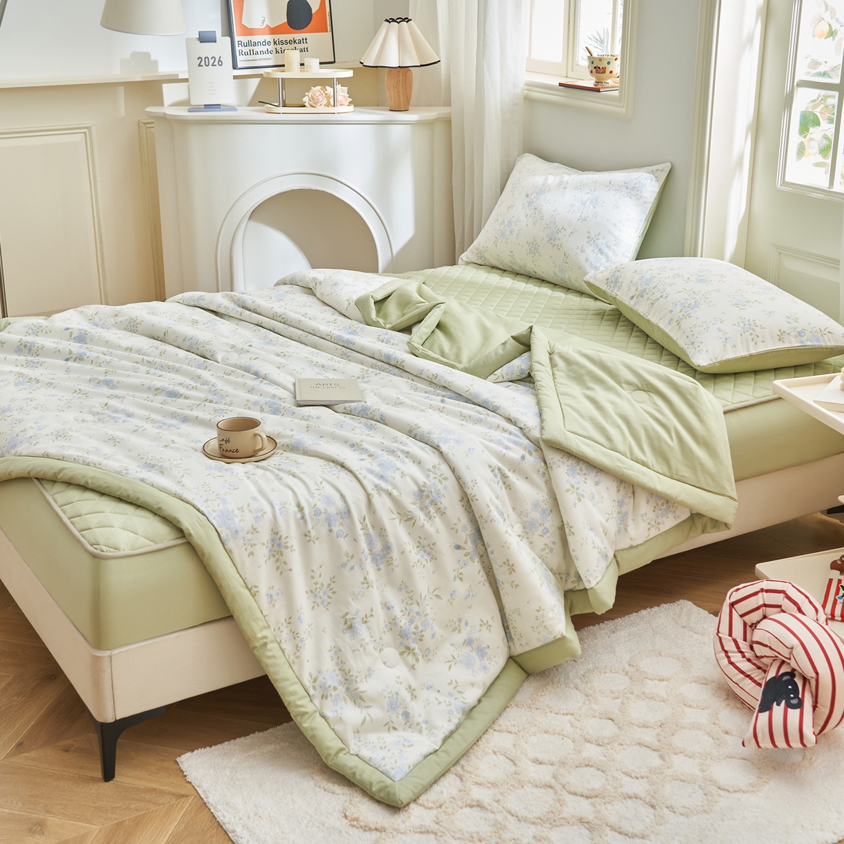 91家纺网 家纺一手货源 找家纺 绒城 2026新款 12868全棉印花棉花夏被四件套 全棉夏被四件套新疆棉花被 - 经典系列 蓝絮花影