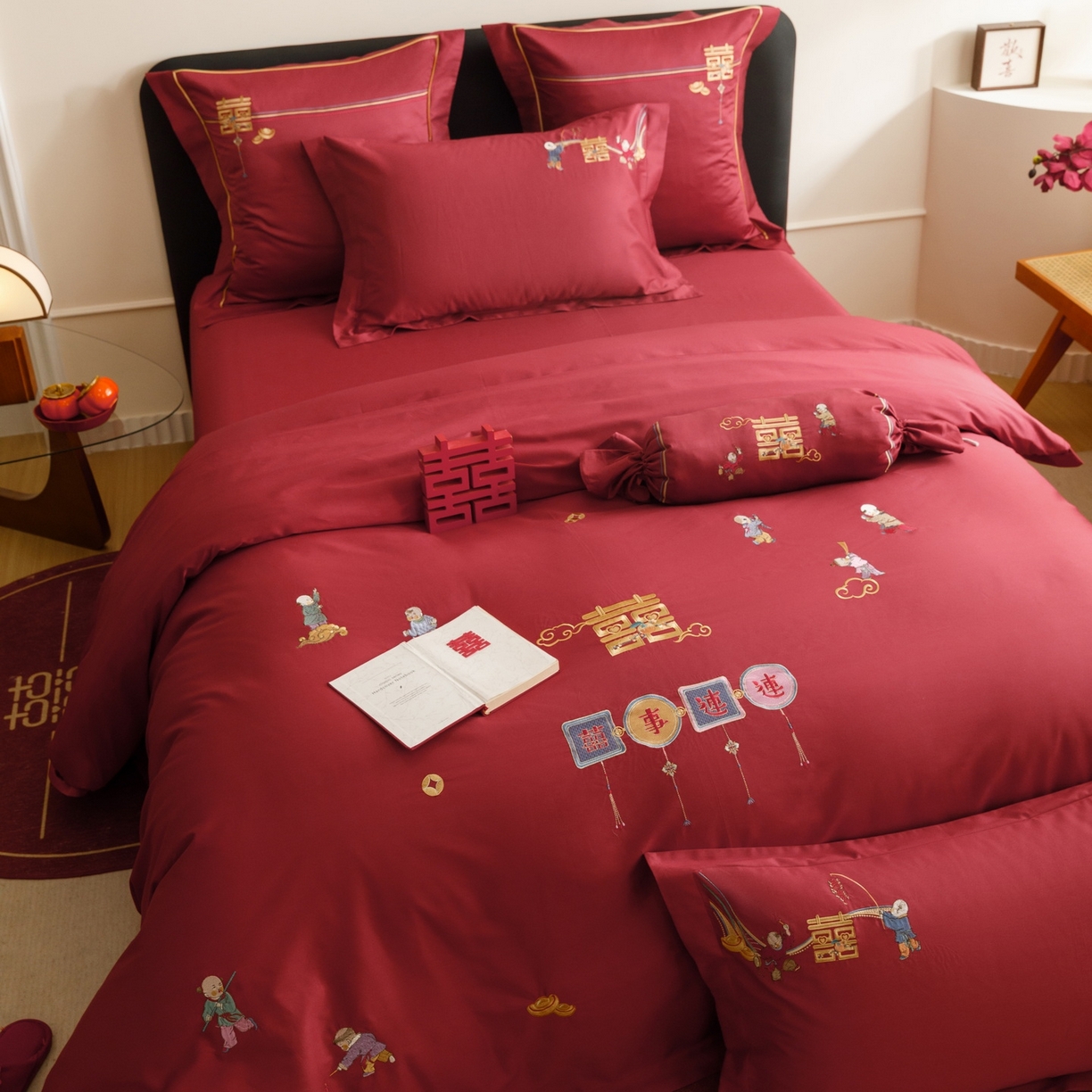 91家纺网 家纺一手货源 找家纺 （总）慕晨 2026新款50支澳棉全棉纯棉贡缎婚庆绣花贴布绣四件套热款